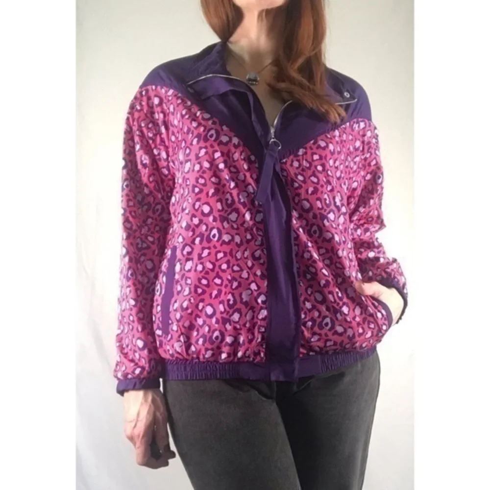 90’e Vintage ‘1 Sunset Lane’ Multicolor Leopard Print Windbreaker Jacket